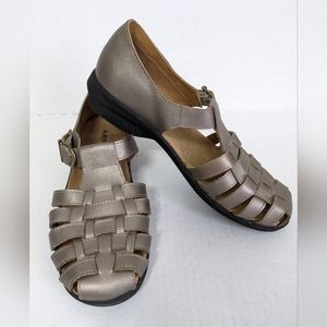 Array Aruba Fisherman Leather Weave Sandals Silver/Gray/Pewter Women Size 7W EUC